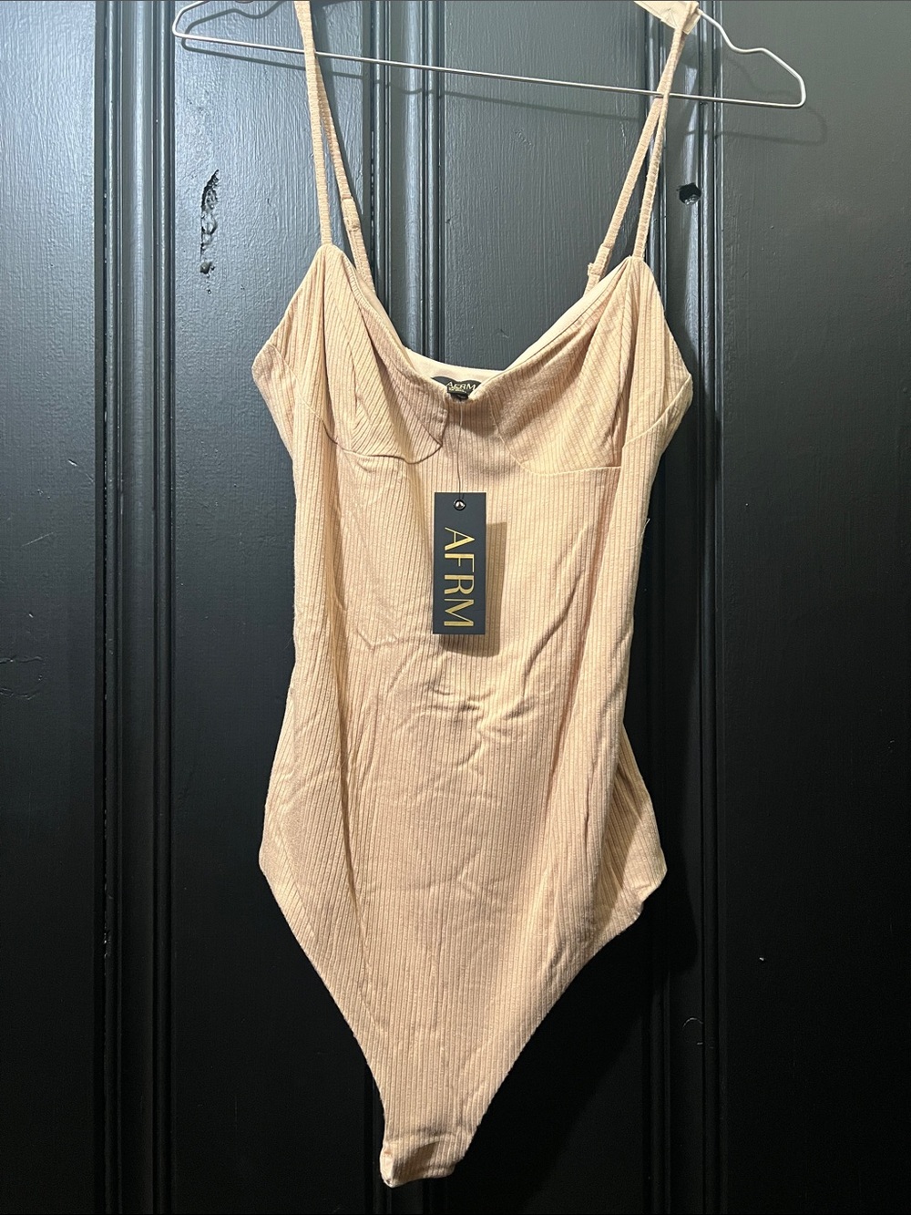 AFRM Beige Ribbed Spaghetti-Strap Bodysuit